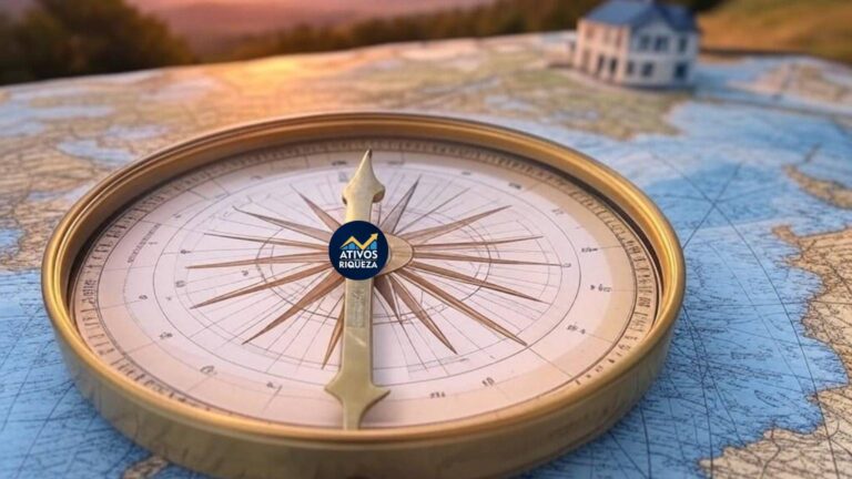 Uma bússola em cima de um mapa, apontando para uma casa ao fundo, representando direcionamento para conquistar seus objetivos