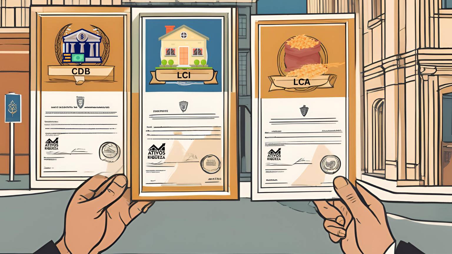 Imagem de três certificados bancários representando CDB, LCI e LCA