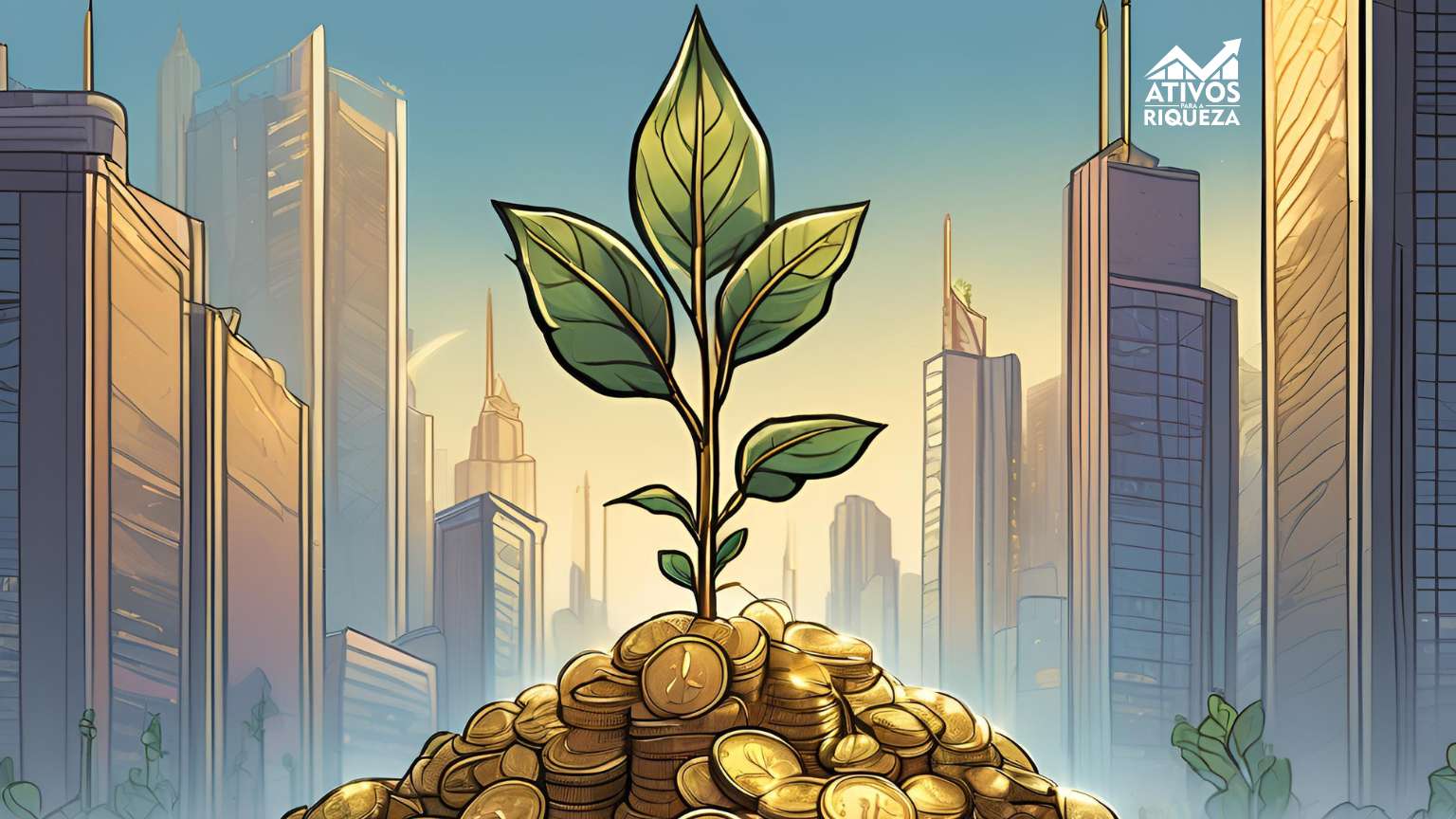 Imagem de uma planta crescendo no meio de moedas de ouro, representando o crescimento da riqueza com CDB