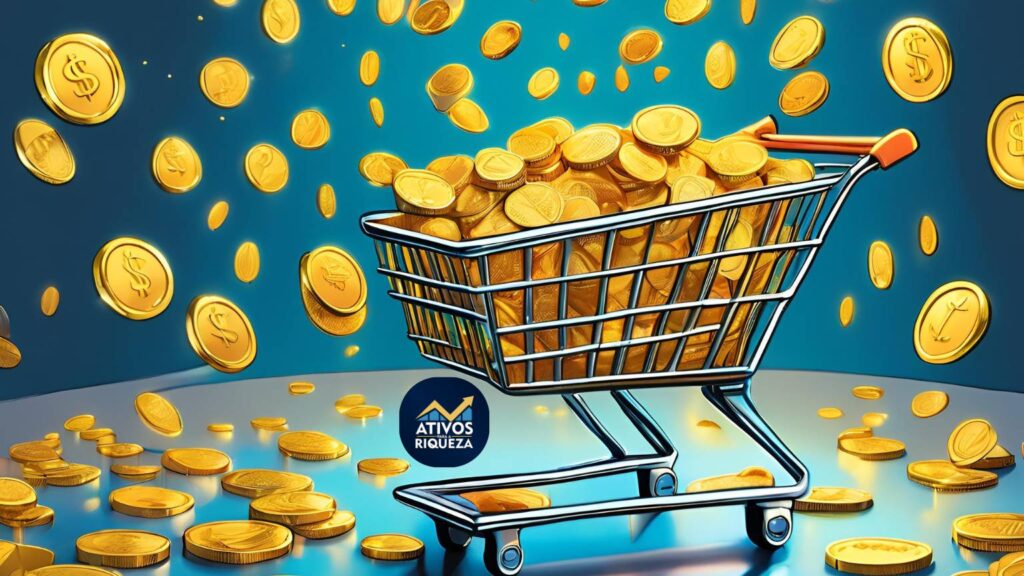 Imagem de um carrinho de supermercado cheio de moedas de ouro com mais um monte de moedas caindo em volta, representando o cashback em supermercados