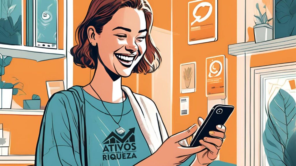 Uma mulher feliz, olhando para o celular