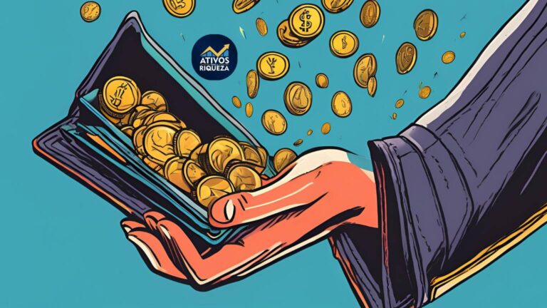 Imagem de uma pessoa segurando uma carteira cheia de moedas com mais dinheiro caindo, representando o cashback