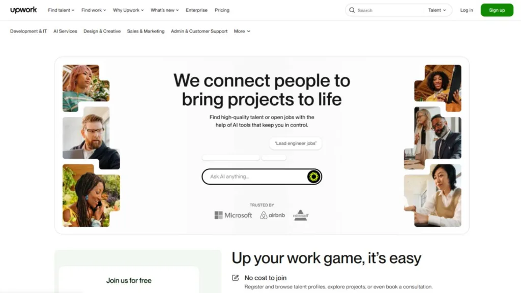 Imagem da página inicial do site Upwork, uma das opções para começar como freelancer