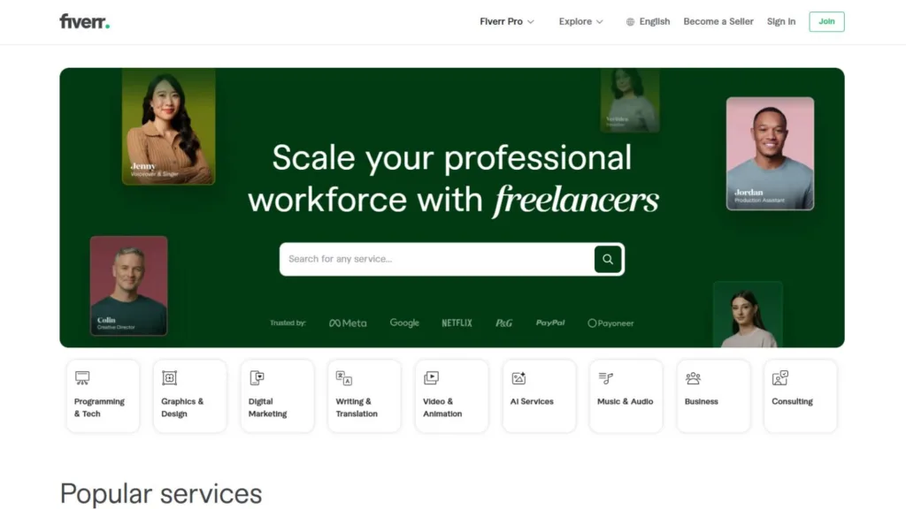 Imagem da página inicial do site Fiverr, uma das opções para começar como freelancer