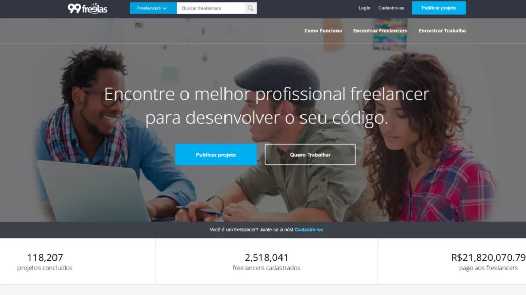 Imagem da página inicial do site 99 Freelas, uma das opções para começar como freelancer