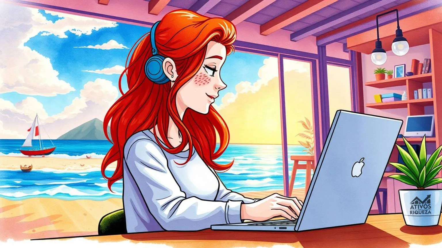Desenho de uma mulher ruiva trabalhando no computador como freelancer
