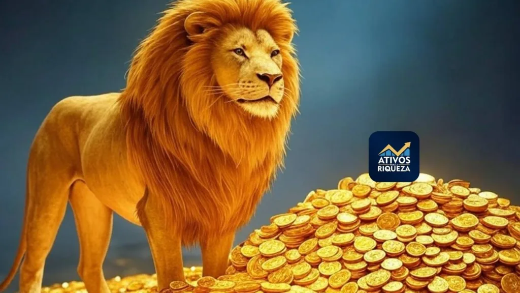 Imagem de um leão com um monte de moedas de ouro, representando a declaração de investimentos no imposto de renda