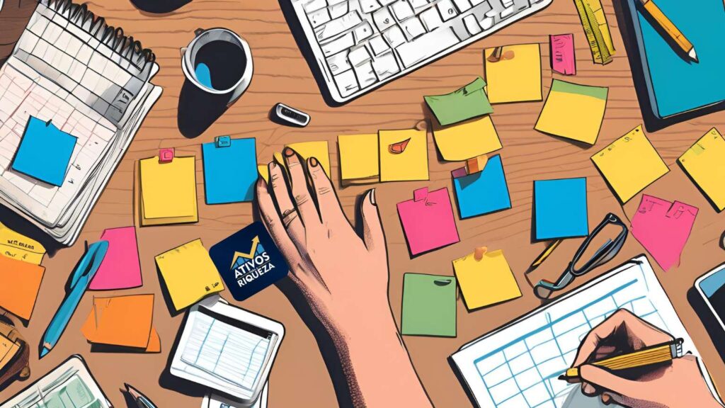 Uma mesa com post-its coloridos e materiais de escritório para representar uma pessoa organizando seu orçamento financeiro