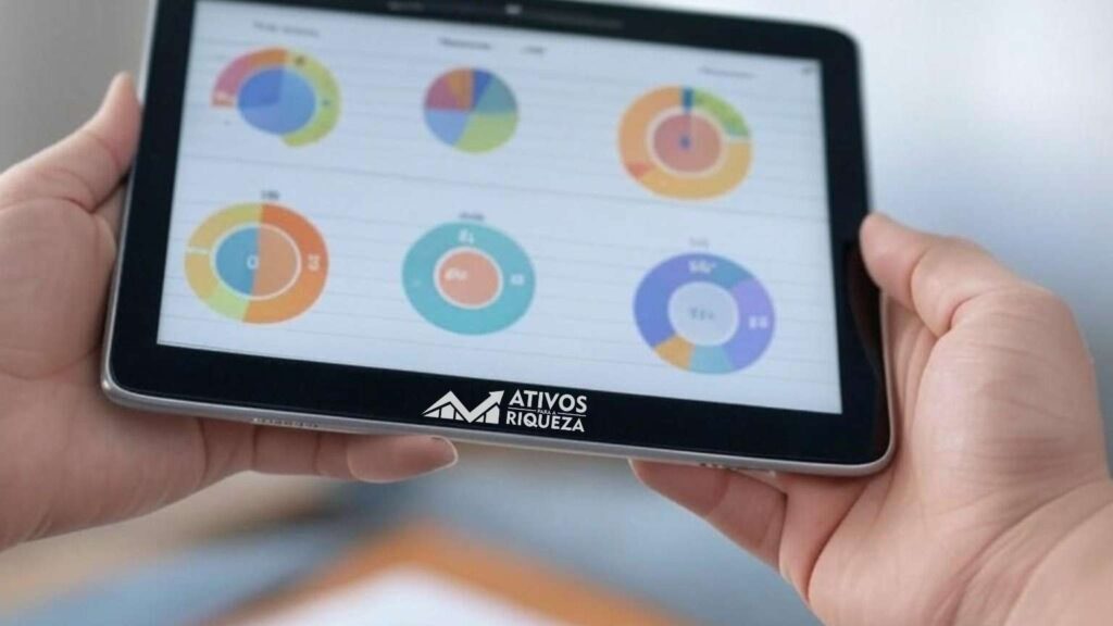 Imagem de um tablet mostrando alguns gráficos em formato de pizza, para representar a divisão de despesas em um orçamento pessoal
