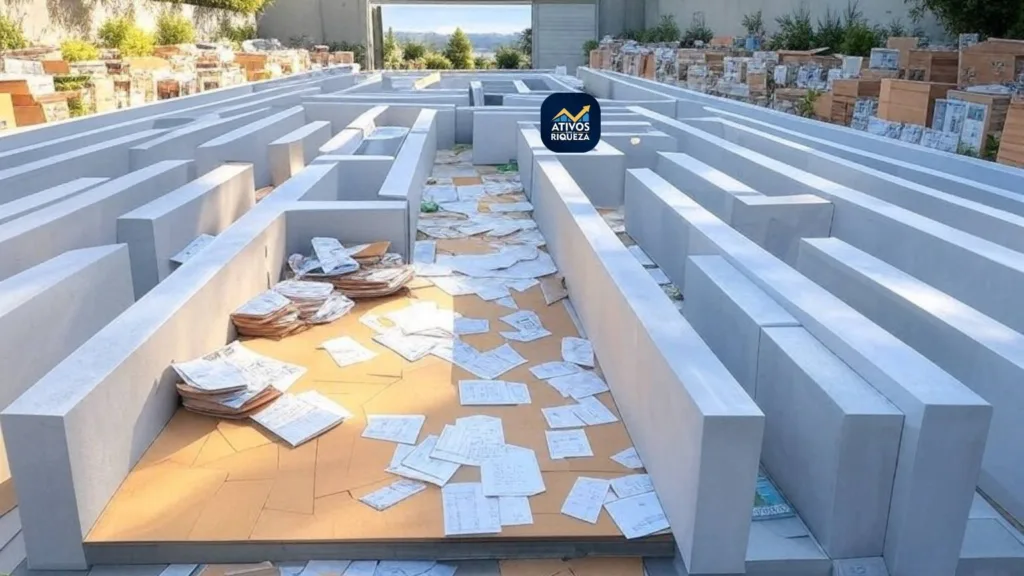 Imagem de um labirinto cheio de papéis, representando a organização para sair das dívidas