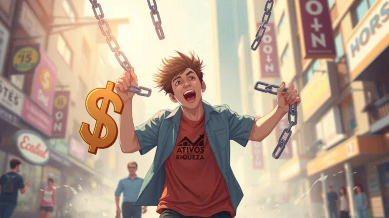 Imagem de um jovem feliz, quebrando correntes, representando que ele saiu das dívidas