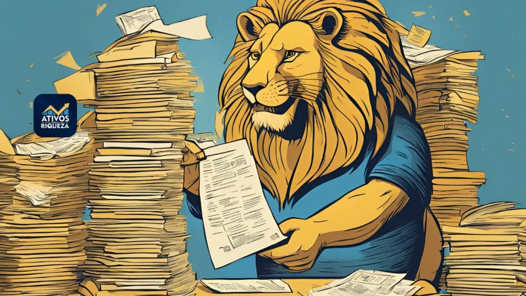 Representação de um leão analisando uma pilha enorme de formulários de imposto de renda