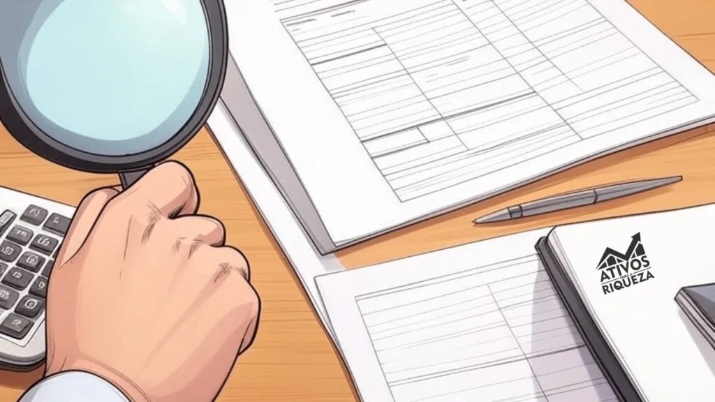 Imagem de uma pessoa com uma lupa olhando contratos de papel