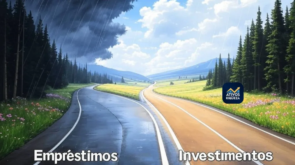 Imagem de uma estrada dividida em dois caminhos. Um claro representando o caminho dos investimentos e o outro que leva a tempestade representando o caminho dos empréstimos