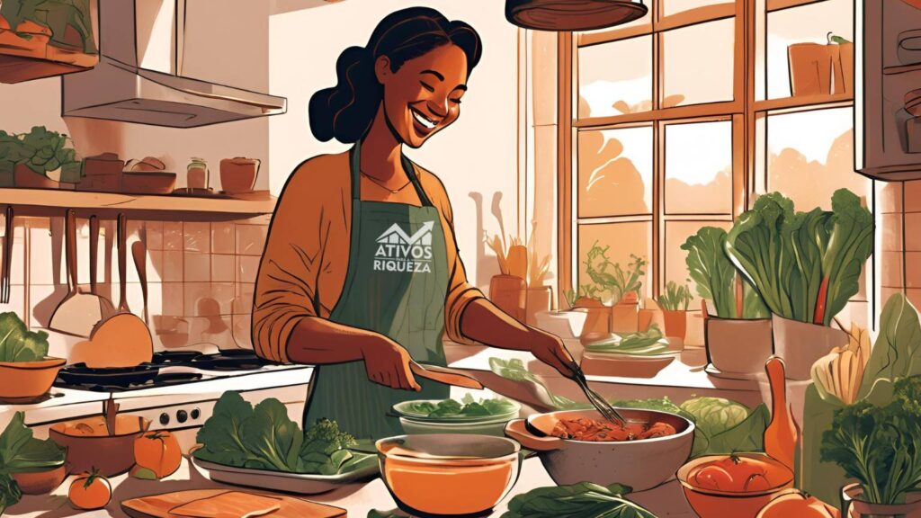 Imagem de uma mulher cozinhando feliz
