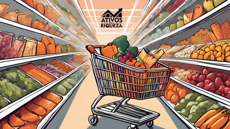 Imagem de um carrinho de supermercado cheio de produtos para representar economia no supermercado