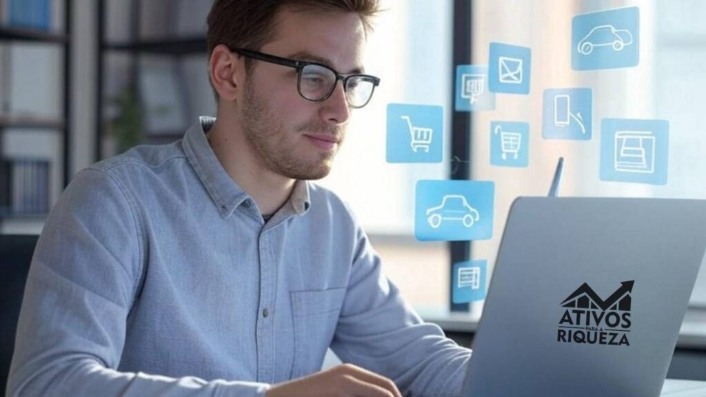 Imagem de um homem usando um computador com ícones representando diferentes contas de mídias sociais