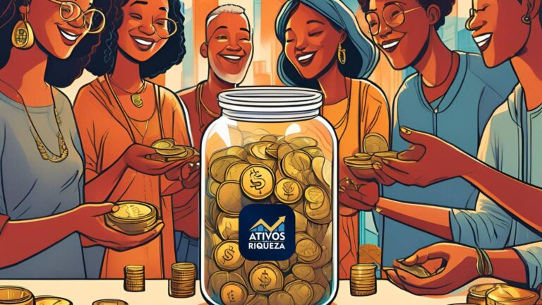Pessoas alegres colocando moedas em um pote de vidro, representando pessoas investindo em um fundo de investimentos