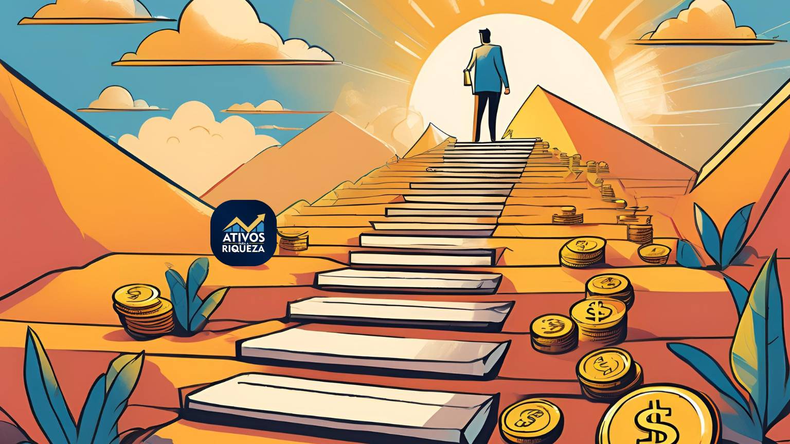 Desenho de uma pessoa subindo uma escada da riqueza, em direção ao sol que representa o sucesso.