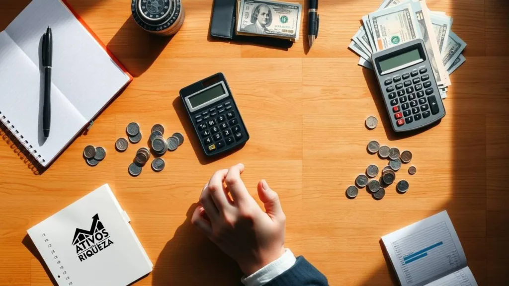 Imagem de uma mesa com itens relacionados a controle financeiro