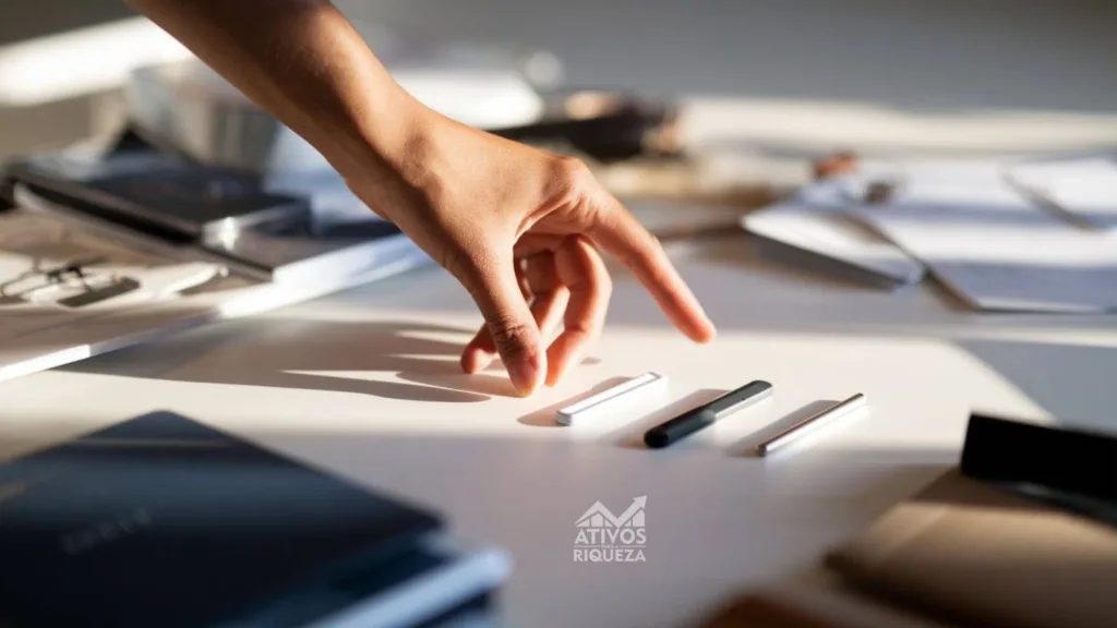 Imagem de uma mão, escolhendo um produto em uma mesa, representando o minimalismo financeiro