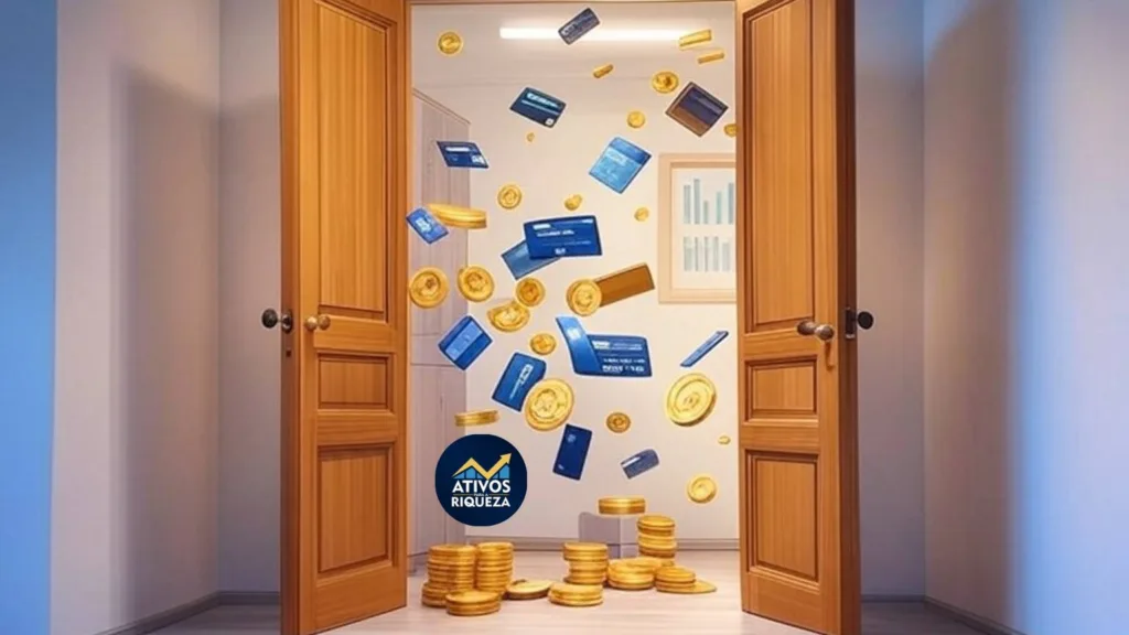 Imagem de uma porta aberta com vários ícones financeiros