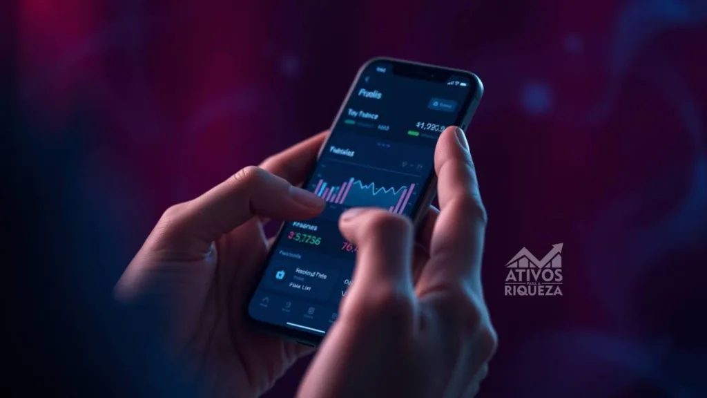 Imagem de uma tela de celular com gráficos financeiros