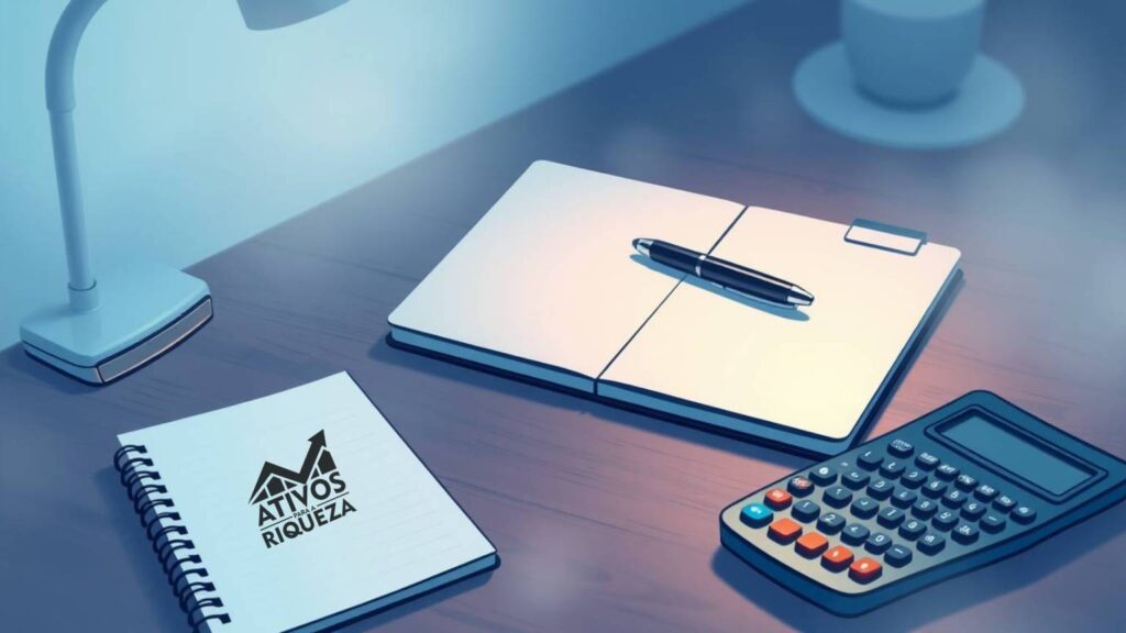 Imagem de uma mesa com cadernos e uma calculadora representando a anotação de gastos financeiros
