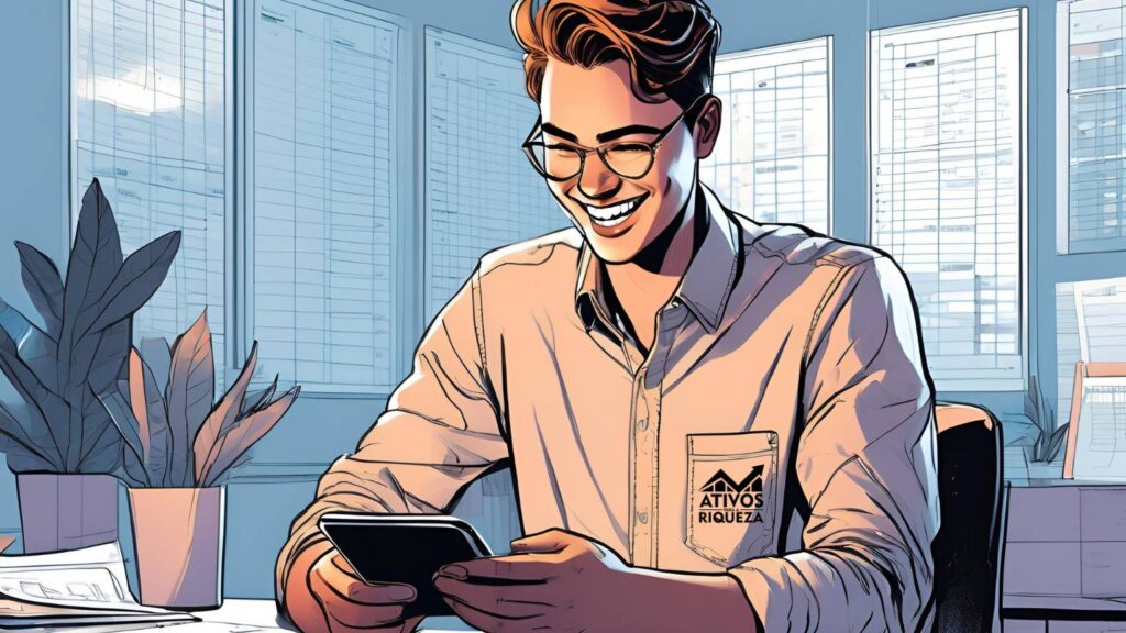 Imagem de um homem jovem sorrindo, olhando para seu celular