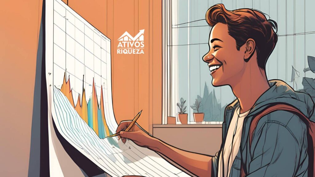 Imagem de um jovem feliz, vendo os resultados positivos de seus investimentos por causa do poder dos juros compostos