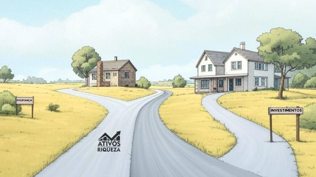 Imagem de uma estrada com 2 caminhos para seguir. Um caminho leva a uma casa pequena, representando os investimentos em poupança. O outro caminho leva a uma casa bem grande, representando os investimentos