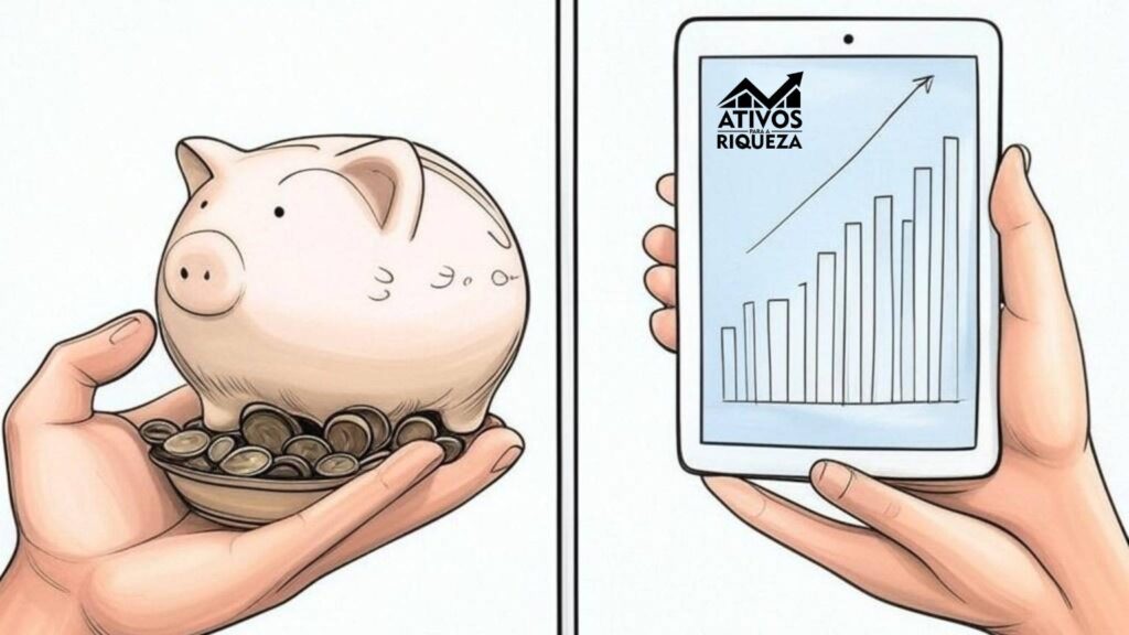 Um desenho de um cofre em formato de porquinho, representando a poupança e outra imagem ao lado de um celular, representando o crescimento com investimentos