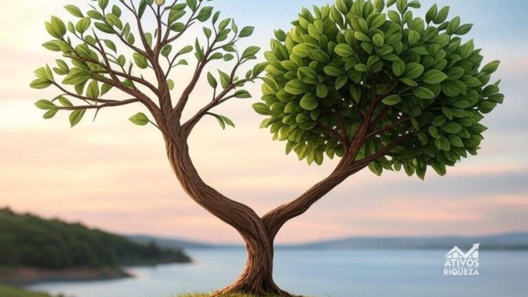 Uma imagem de uma árvore com dois galhos distintos. Um com poucas folhas representando a lentidão da poupança e o outro galho com bastante folhas, representando bons investimentos