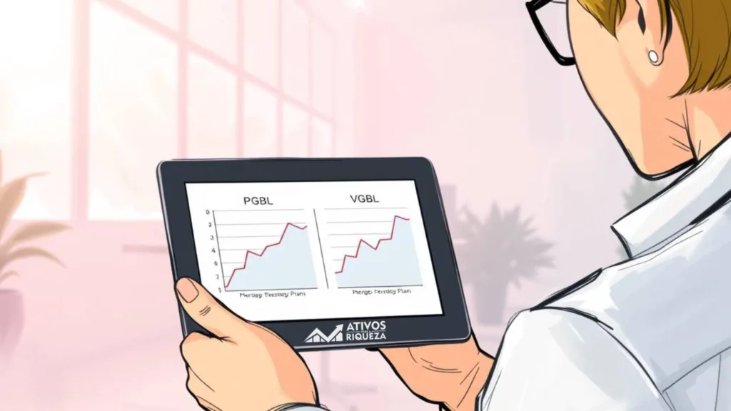 Uma pessoa olhando para um tablet com 2 gráficos comparando a PGBL e a VGBL