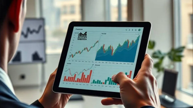 Imagem de um tablet com gráficos financeiros na tela, representando análises financeiras entre renda fixa vs renda variável