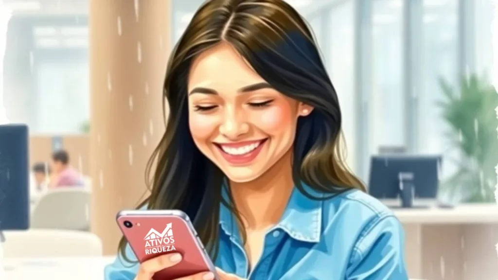Imagem de uma mulher jovem feliz olhando para o celular