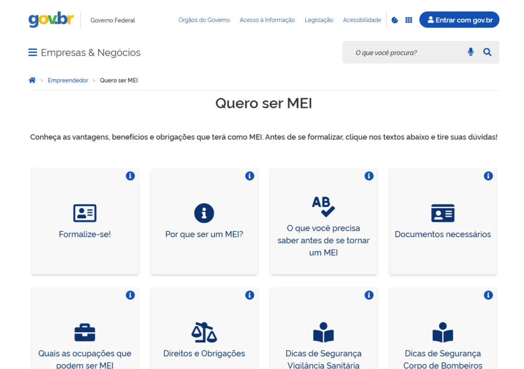 Screenshot da página inicial do portal do MEI