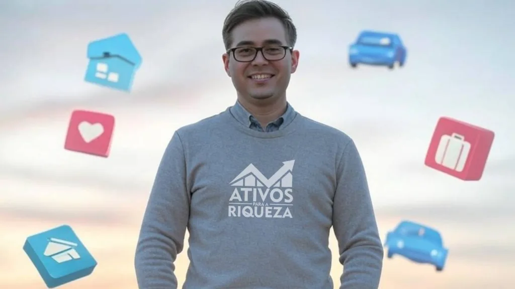 Uma pessoa feliz, com ícones representando os seguros essenciais que possui