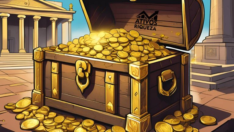 Imagem de um baú de madeira cheio de moedas de ouro, representando o tesouro de um país